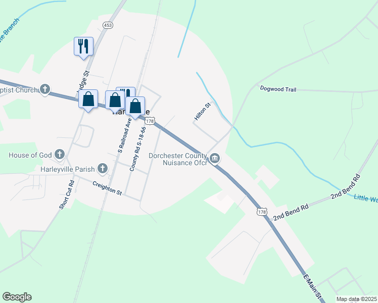 map of restaurants, bars, coffee shops, grocery stores, and more near 192 East Main Street in Harleyville