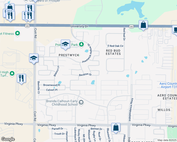 map of restaurants, bars, coffee shops, grocery stores, and more near 1001 Tollcross Drive in McKinney