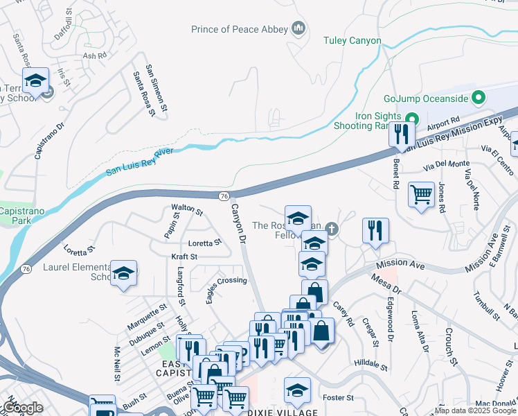 map of restaurants, bars, coffee shops, grocery stores, and more near 2055 Poplar Road in Oceanside