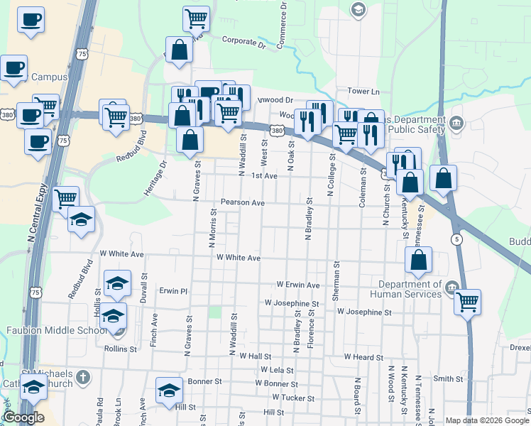 map of restaurants, bars, coffee shops, grocery stores, and more near 1106 West Leland Avenue in McKinney