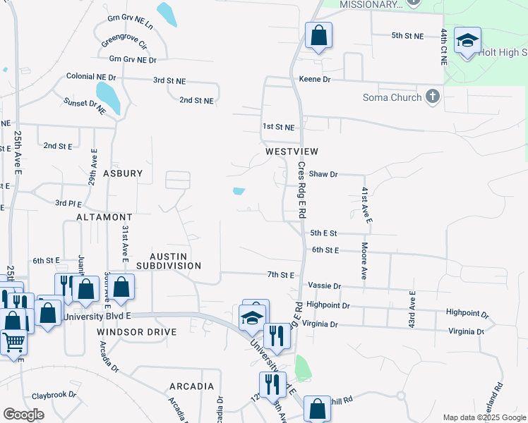 map of restaurants, bars, coffee shops, grocery stores, and more near 1 Valley Hills Drive in Tuscaloosa
