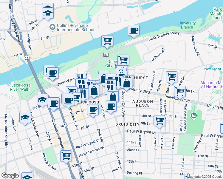 map of restaurants, bars, coffee shops, grocery stores, and more near 1914 University Boulevard in Tuscaloosa