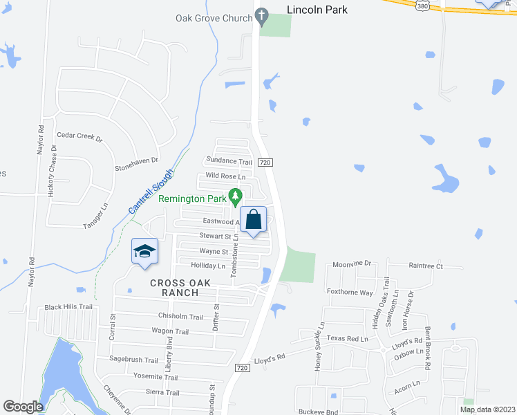 map of restaurants, bars, coffee shops, grocery stores, and more near 9205 Remington Drive in Aubrey