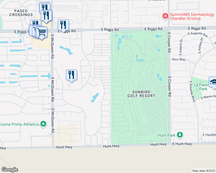 map of restaurants, bars, coffee shops, grocery stores, and more near 1451 East Doral Drive in Chandler