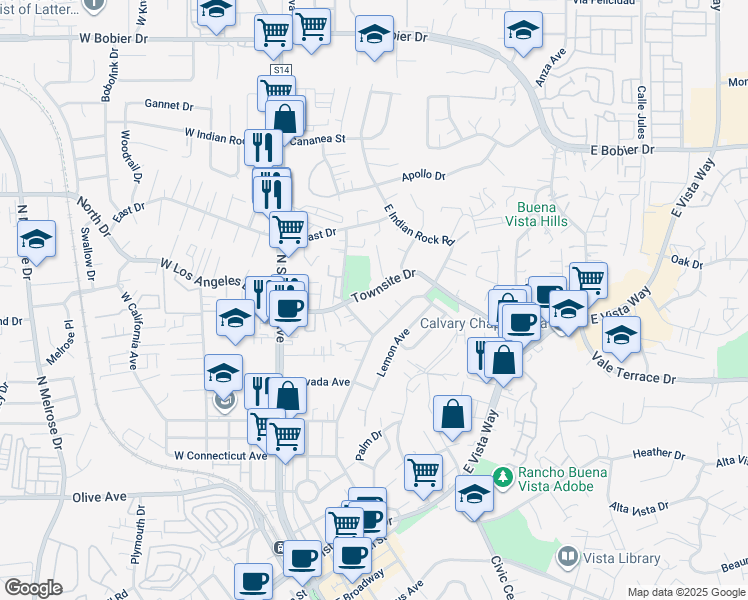 map of restaurants, bars, coffee shops, grocery stores, and more near 309 Townsite Drive in Vista