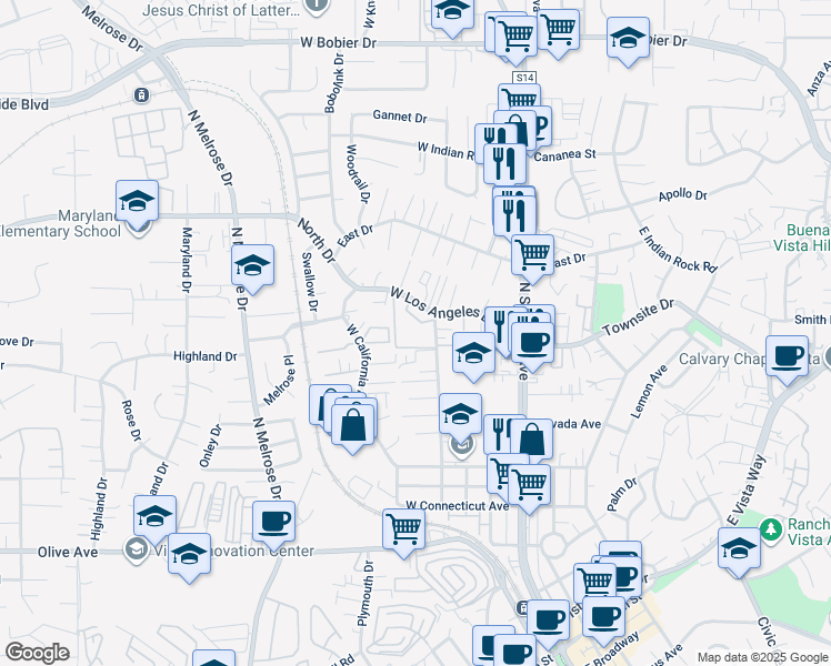 map of restaurants, bars, coffee shops, grocery stores, and more near 300 West Los Angeles Drive in Vista