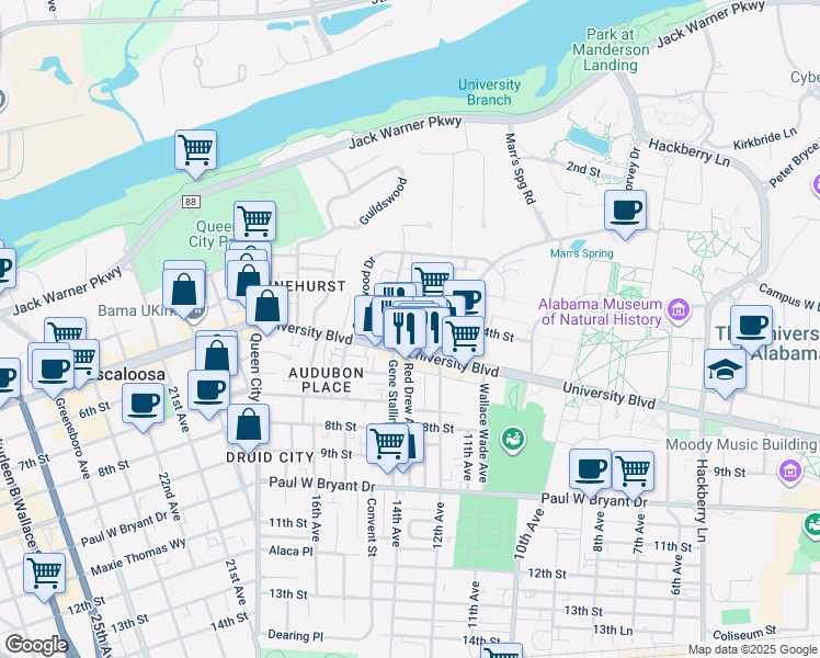 map of restaurants, bars, coffee shops, grocery stores, and more near 1400 University Boulevard in Tuscaloosa