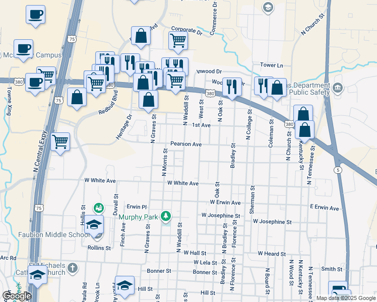 map of restaurants, bars, coffee shops, grocery stores, and more near 1504 North Waddill Street in McKinney