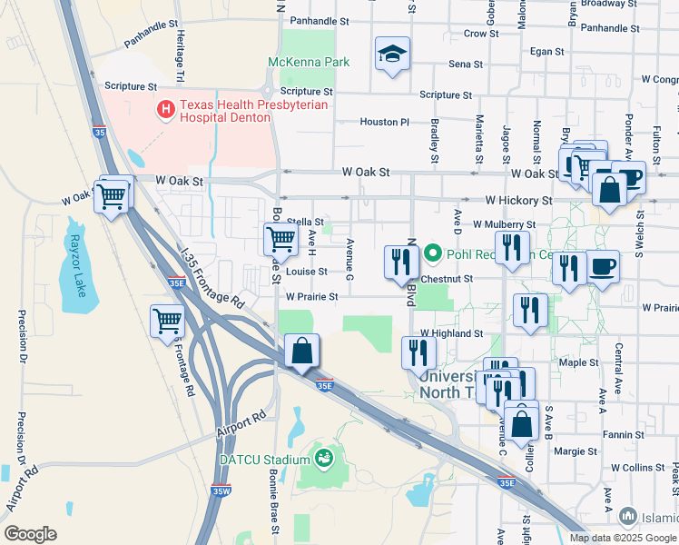 map of restaurants, bars, coffee shops, grocery stores, and more near 317 Avenue G in Denton