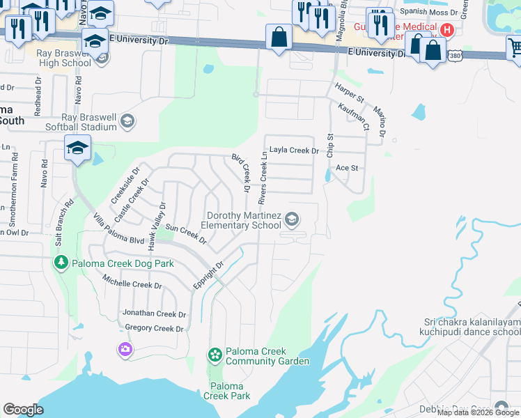 map of restaurants, bars, coffee shops, grocery stores, and more near Rivers Creek Lane in Denton County