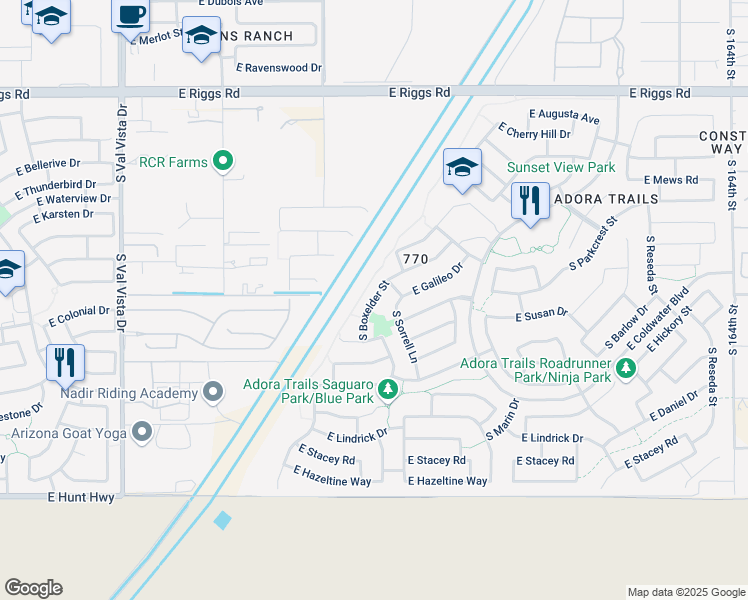 map of restaurants, bars, coffee shops, grocery stores, and more near 7578 South Boxelder Street in Gilbert
