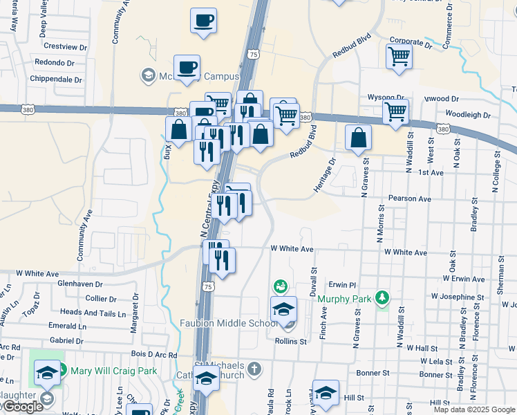 map of restaurants, bars, coffee shops, grocery stores, and more near 1441 Redbud Boulevard in McKinney