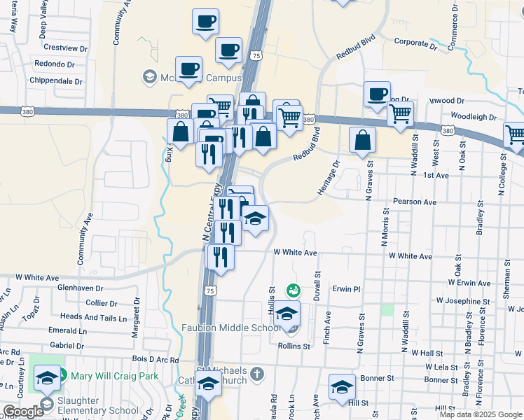 map of restaurants, bars, coffee shops, grocery stores, and more near 1441 Redbud Boulevard in McKinney