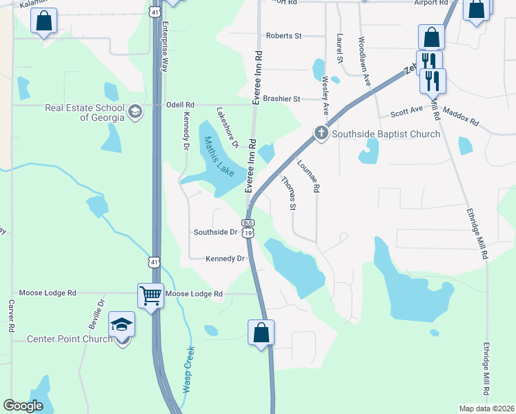 map of restaurants, bars, coffee shops, grocery stores, and more near 108 Kline Circle in Griffin