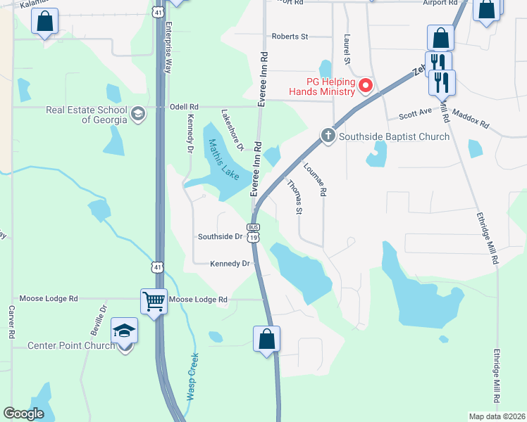 map of restaurants, bars, coffee shops, grocery stores, and more near 108 Kline Circle in Griffin