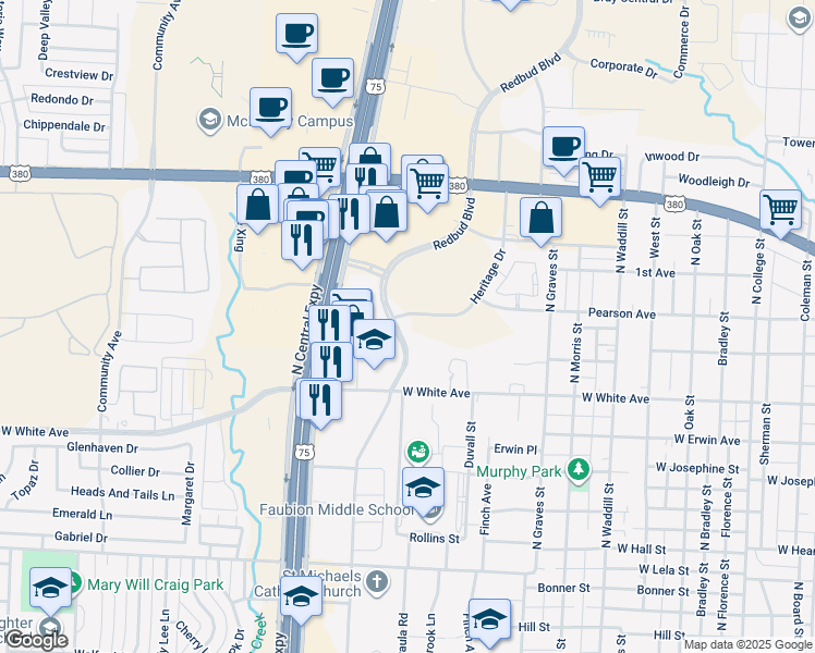 map of restaurants, bars, coffee shops, grocery stores, and more near 1441 Redbud Boulevard in McKinney