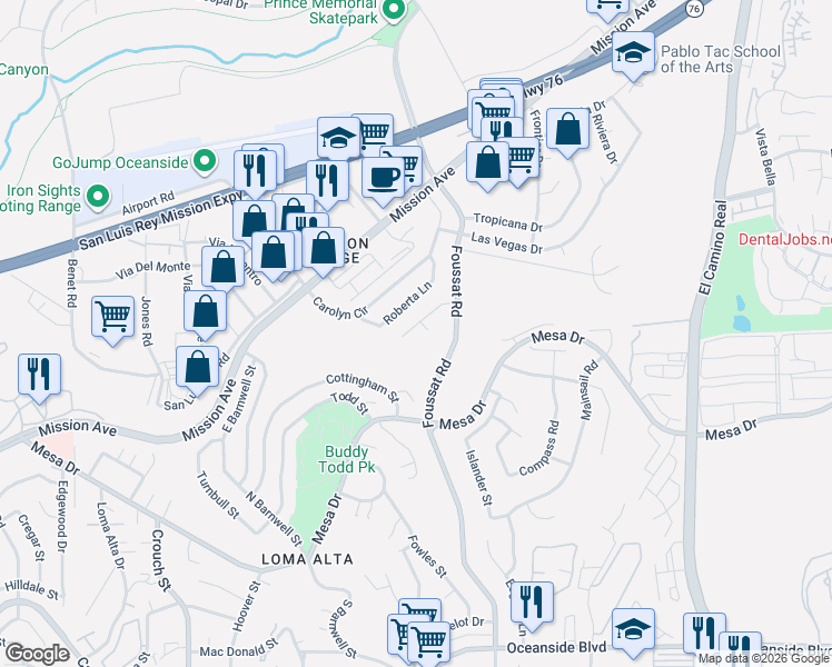 map of restaurants, bars, coffee shops, grocery stores, and more near 110 Noreen Place in Oceanside