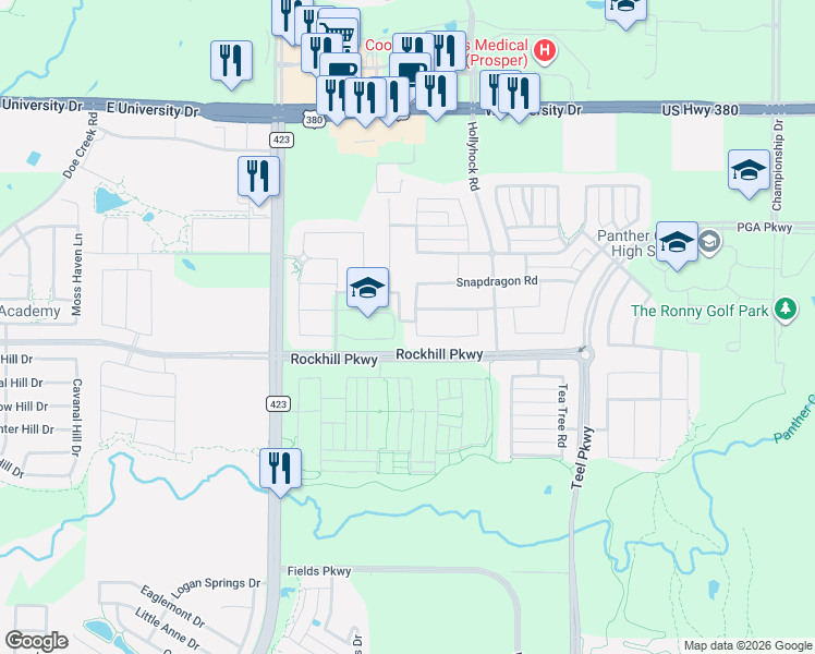 map of restaurants, bars, coffee shops, grocery stores, and more near 1737 Peppervine Road in Frisco