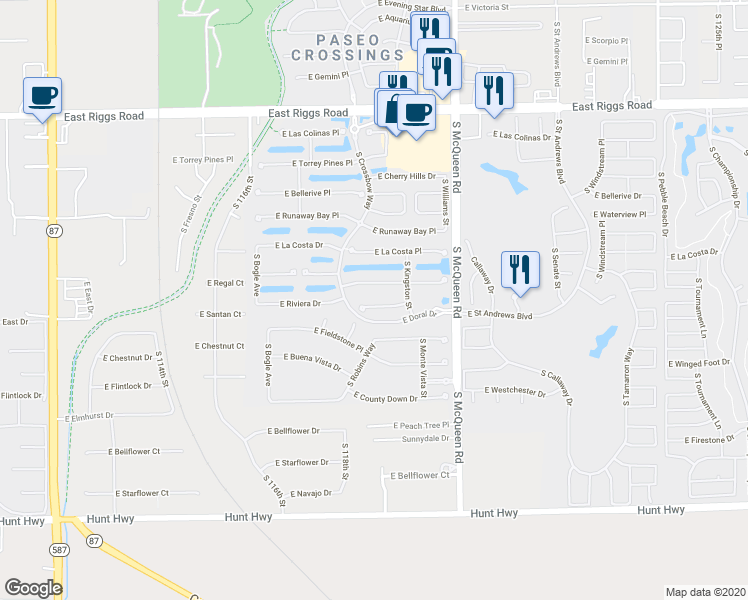 map of restaurants, bars, coffee shops, grocery stores, and more near 840 East Riviera Place in Chandler