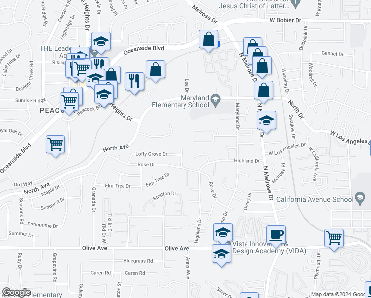 map of restaurants, bars, coffee shops, grocery stores, and more near 2644 Sycamore Drive in Oceanside