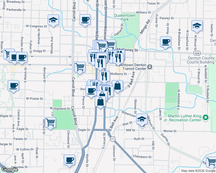 map of restaurants, bars, coffee shops, grocery stores, and more near 401 South Locust Street in Denton