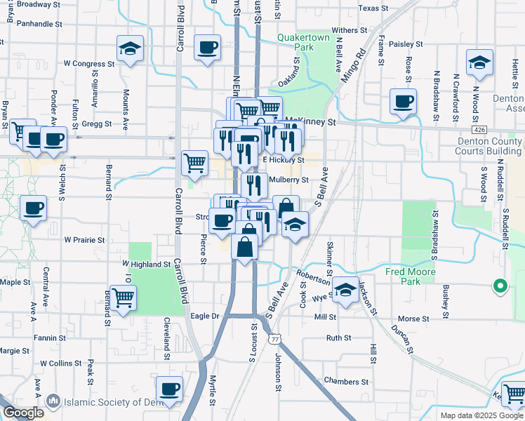 map of restaurants, bars, coffee shops, grocery stores, and more near 315 South Locust Street in Denton