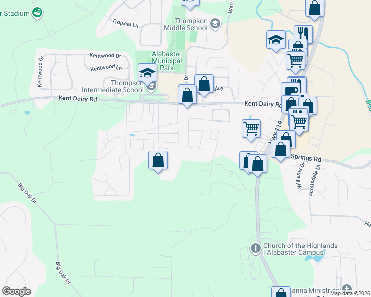 map of restaurants, bars, coffee shops, grocery stores, and more near 202 Jasmine Drive in Alabaster