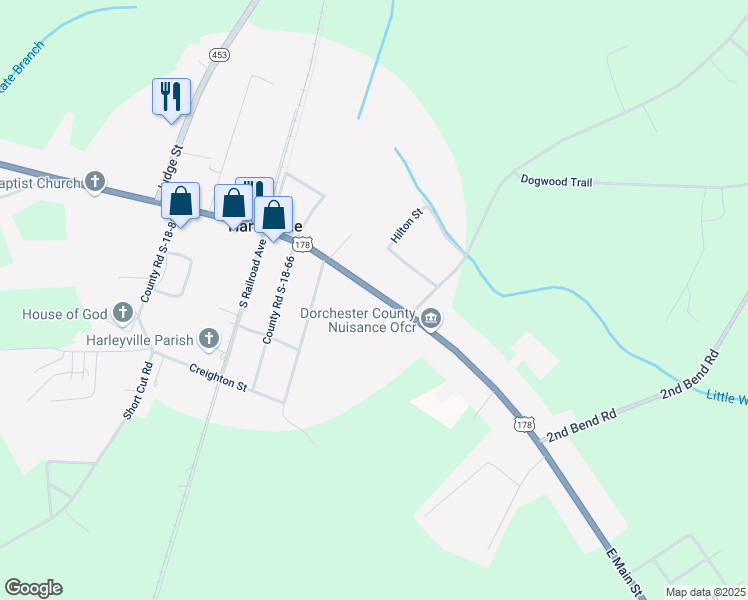 map of restaurants, bars, coffee shops, grocery stores, and more near 192 East Main Street in Harleyville