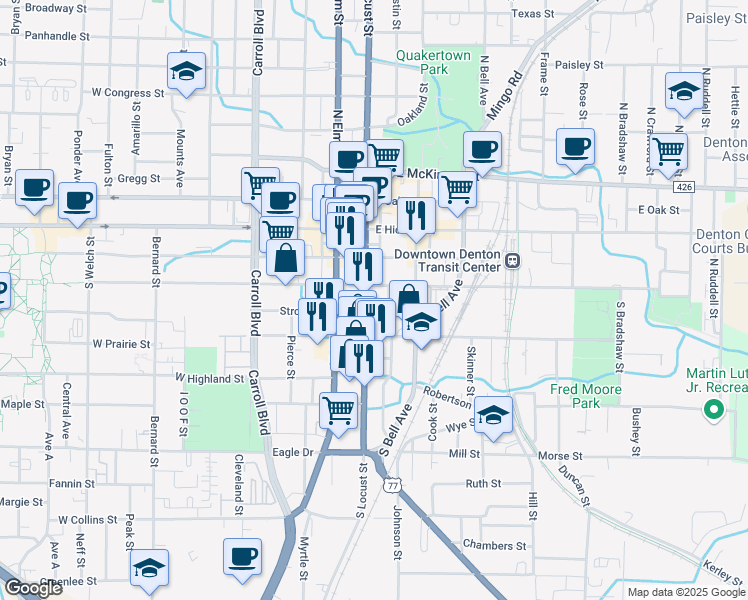 map of restaurants, bars, coffee shops, grocery stores, and more near 401 South Locust Street in Denton