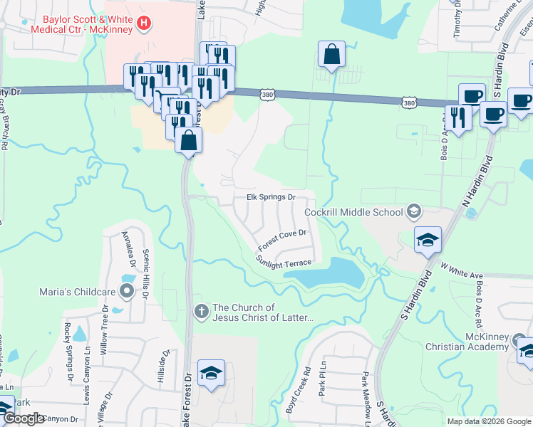 map of restaurants, bars, coffee shops, grocery stores, and more near 1504 Clearwater Drive in McKinney