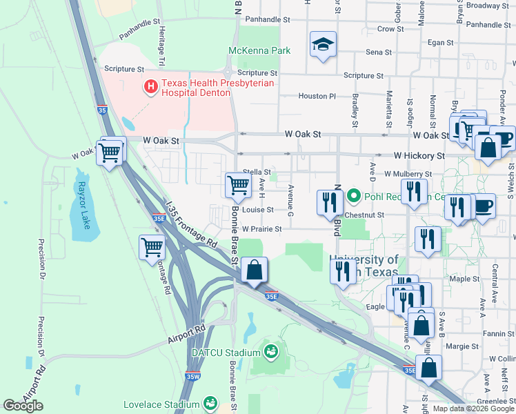 map of restaurants, bars, coffee shops, grocery stores, and more near 2504 Louise Street in Denton