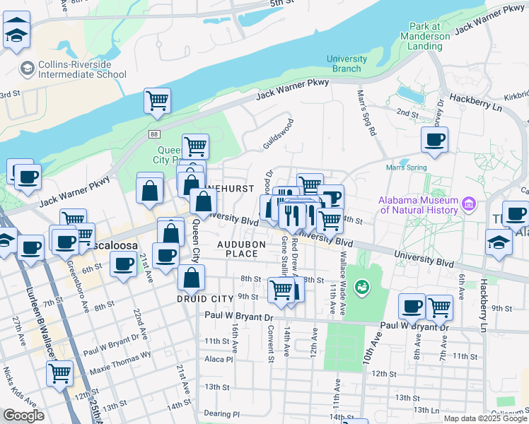 map of restaurants, bars, coffee shops, grocery stores, and more near 1418 University Boulevard in Tuscaloosa