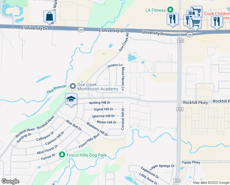 map of restaurants, bars, coffee shops, grocery stores, and more near 359 Timber Creek Lane in Little Elm