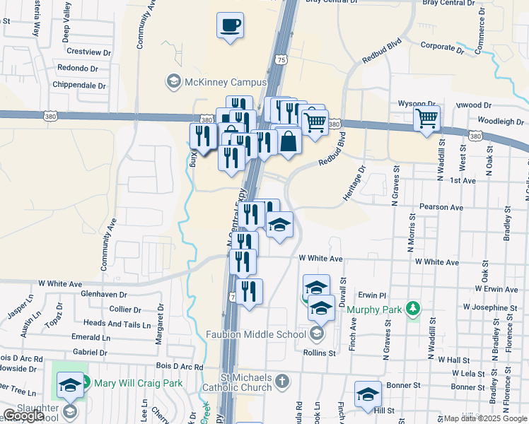 map of restaurants, bars, coffee shops, grocery stores, and more near 1400 Heritage Drive in McKinney
