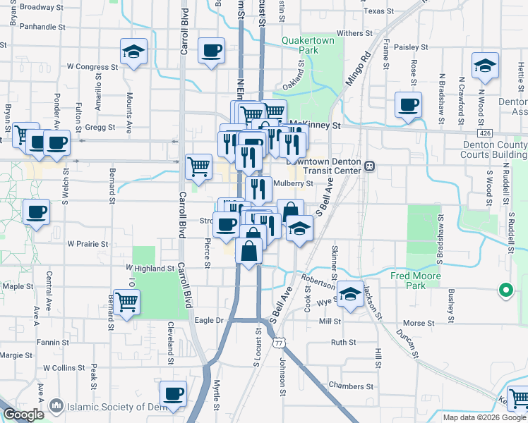 map of restaurants, bars, coffee shops, grocery stores, and more near 401 South Locust Street in Denton