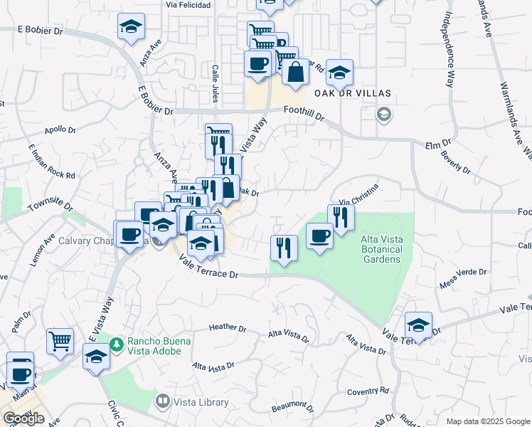map of restaurants, bars, coffee shops, grocery stores, and more near 909 Donnan Place in Vista