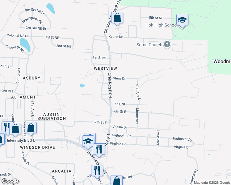 map of restaurants, bars, coffee shops, grocery stores, and more near 3812 5th St E in Tuscaloosa