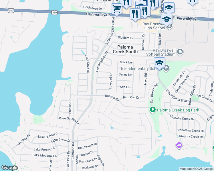 map of restaurants, bars, coffee shops, grocery stores, and more near 921 Lovebird Lane in Little Elm