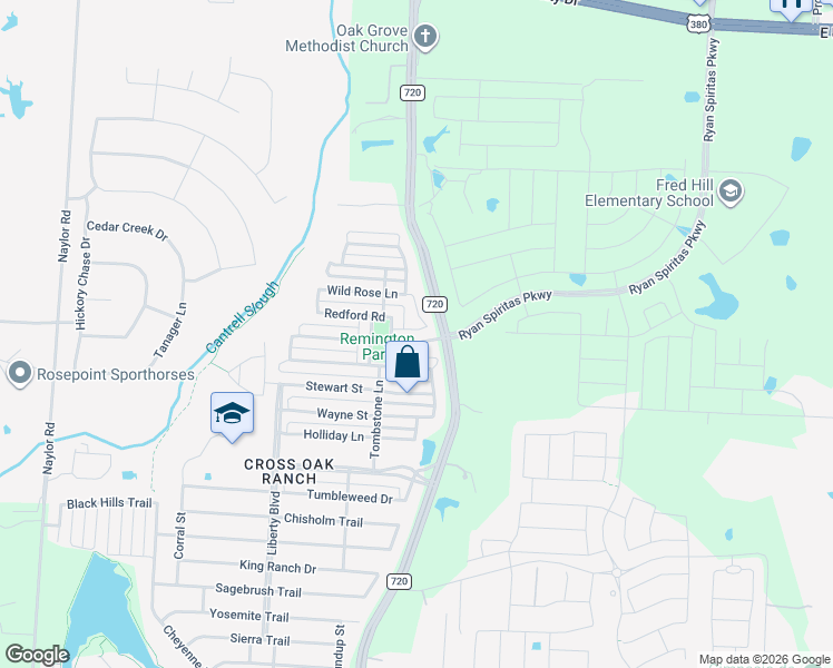 map of restaurants, bars, coffee shops, grocery stores, and more near 9201 Remington Drive in Aubrey