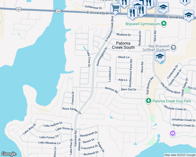map of restaurants, bars, coffee shops, grocery stores, and more near 1404 Cockatiel Drive in Little Elm