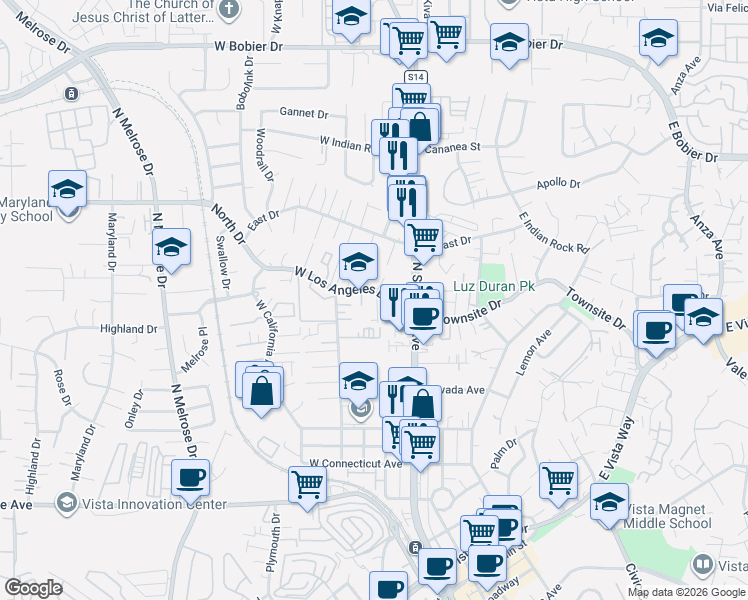 map of restaurants, bars, coffee shops, grocery stores, and more near 122 West Los Angeles Drive in Vista