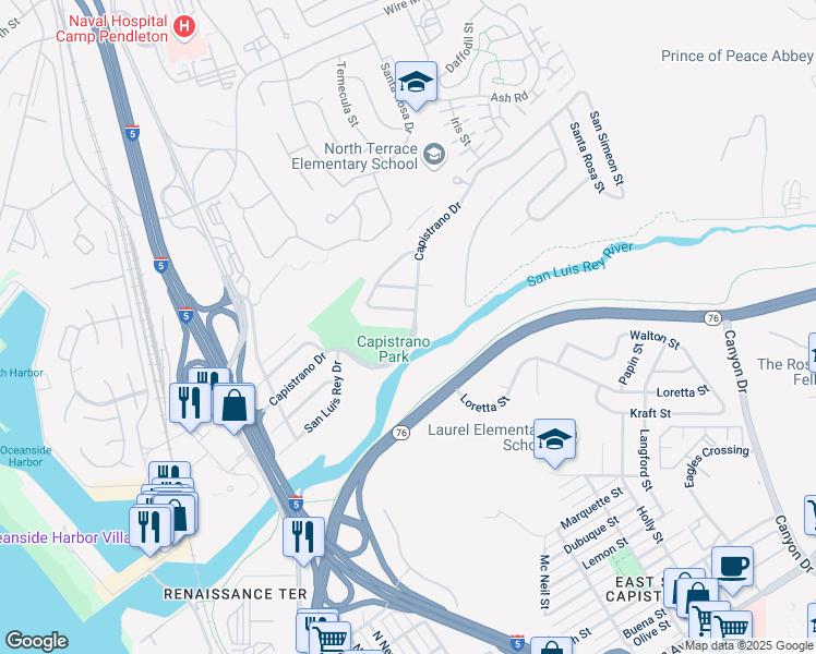 map of restaurants, bars, coffee shops, grocery stores, and more near 802 Capistrano Drive in Oceanside