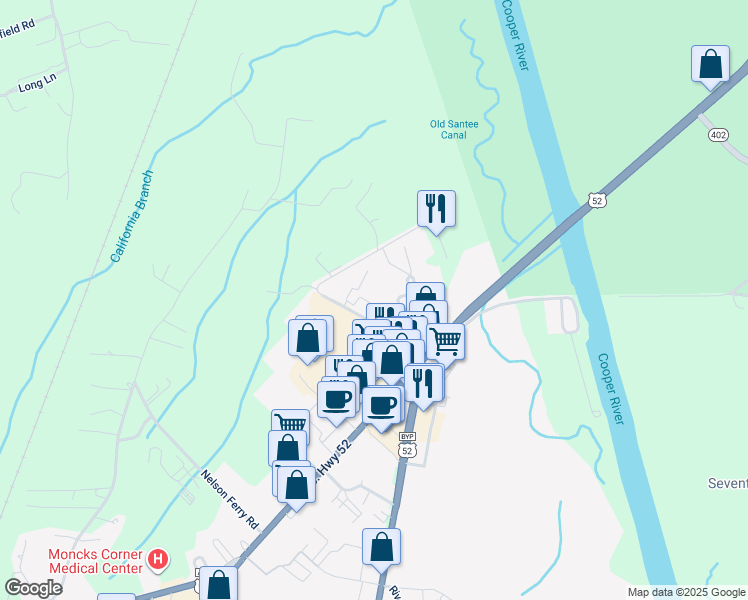 map of restaurants, bars, coffee shops, grocery stores, and more near 2406 Red Hill Road in Moncks Corner