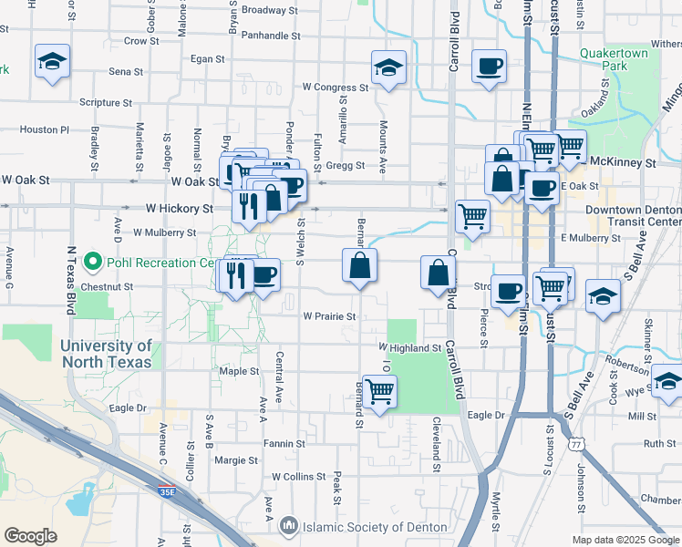 map of restaurants, bars, coffee shops, grocery stores, and more near 1000 West Chestnut Street in Denton