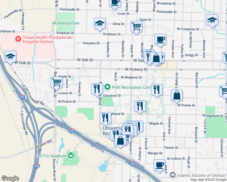 map of restaurants, bars, coffee shops, grocery stores, and more near 1920 Chestnut Street in Denton
