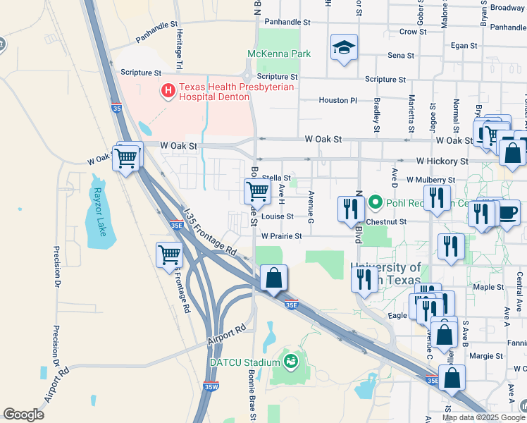 map of restaurants, bars, coffee shops, grocery stores, and more near 2516 Louise Street in Denton