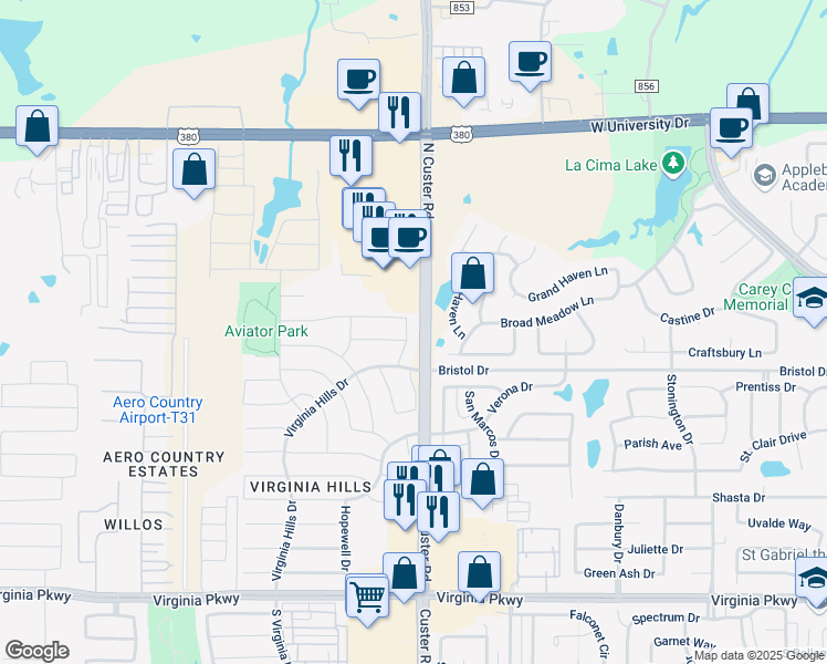 map of restaurants, bars, coffee shops, grocery stores, and more near 1008 Chesterfield Drive in McKinney