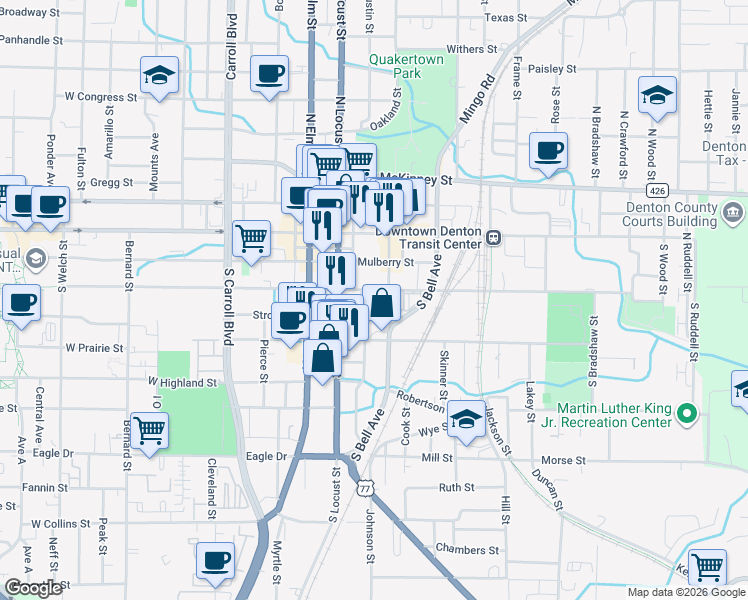 map of restaurants, bars, coffee shops, grocery stores, and more near 210 East Sycamore Street in Denton