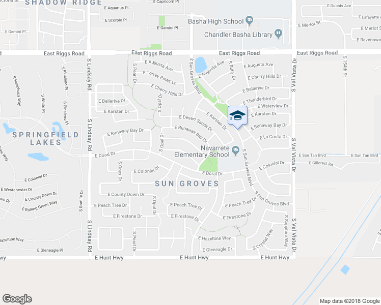 map of restaurants, bars, coffee shops, grocery stores, and more near 4548 East Indian Wells Drive in Chandler