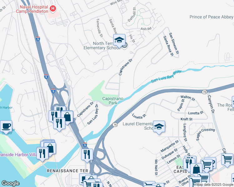 map of restaurants, bars, coffee shops, grocery stores, and more near 802 Capistrano Drive in Oceanside